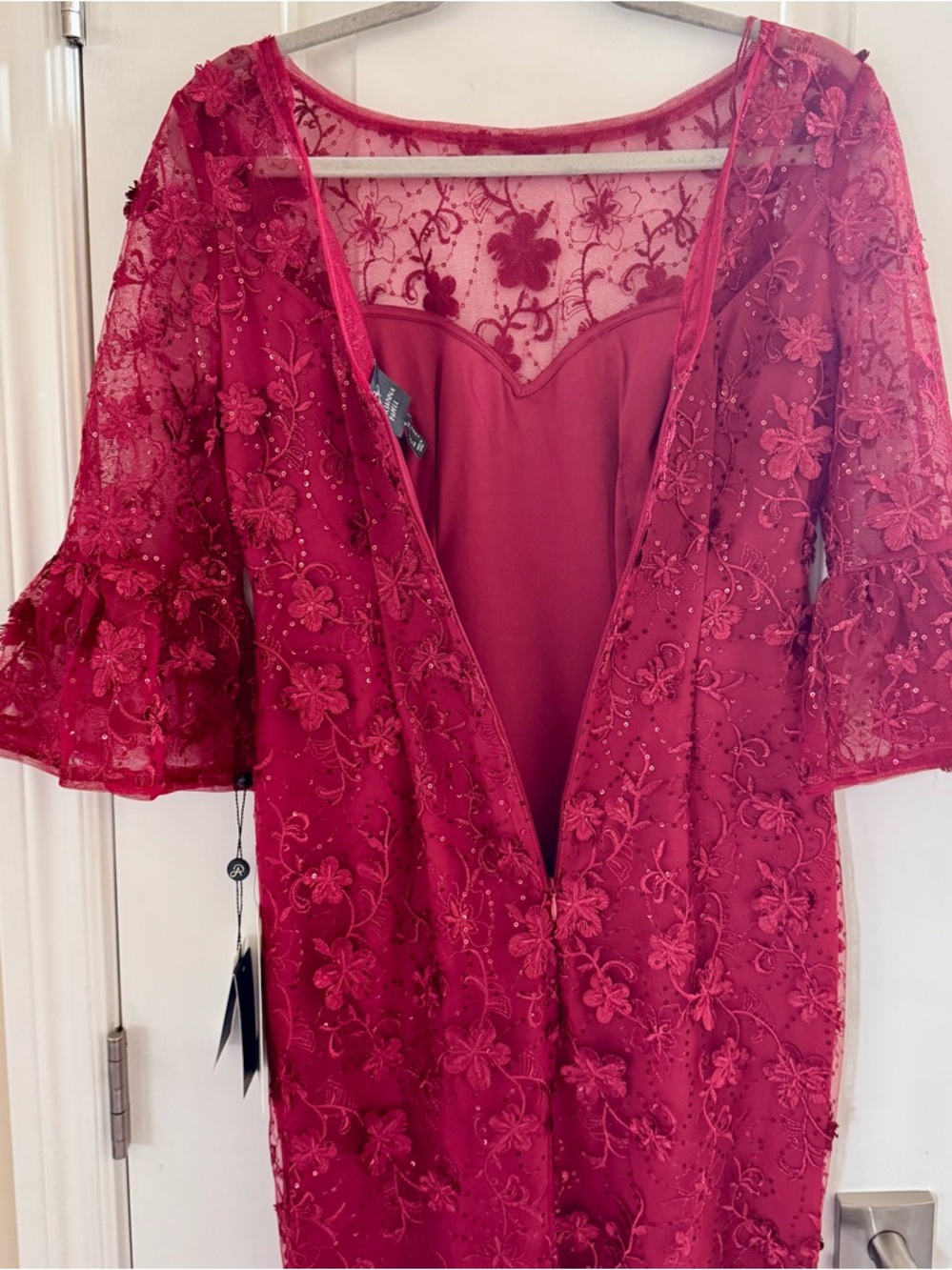 Adrianna Papell Floral Sequin Embroidered Lace Cocktail Dress 2 Pink Bell Sleeve - Picture 10 of 14